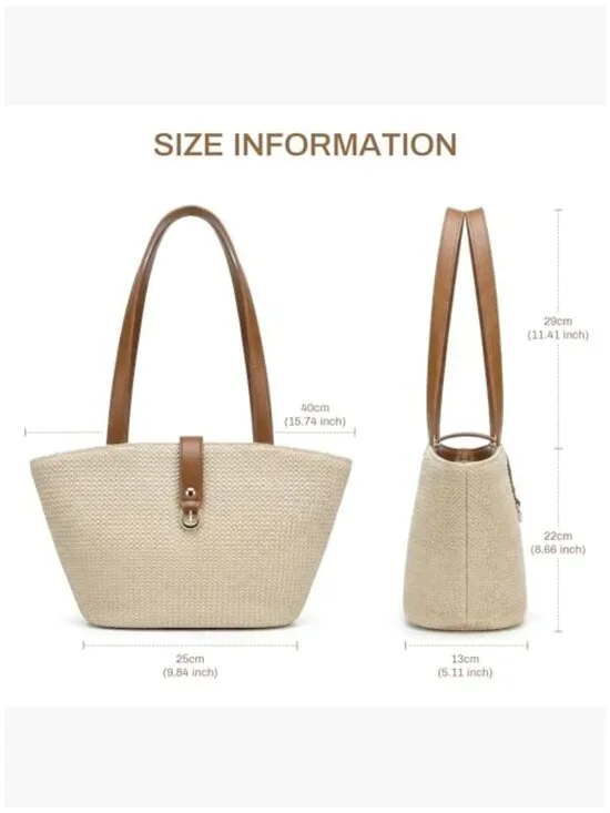 Woven Raffia Straw Tote Bag with PU Leather Handle, Beach Bag - Picture 4 of 7